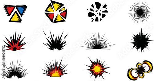 A collection of comic-style explosion and burst effects in various colors and designs on a white background