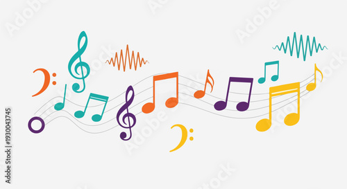 Colorful musical notes and symbols arranged on a light gray background