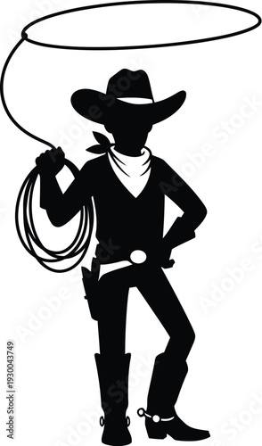 Silhouette cowboy with lasso western cowboy rancher with rope and gun western clothing cowboy hat and bandana