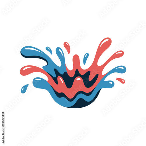 Two contrasting liquid splashes in blue and coral colors collide dramatically in the center.