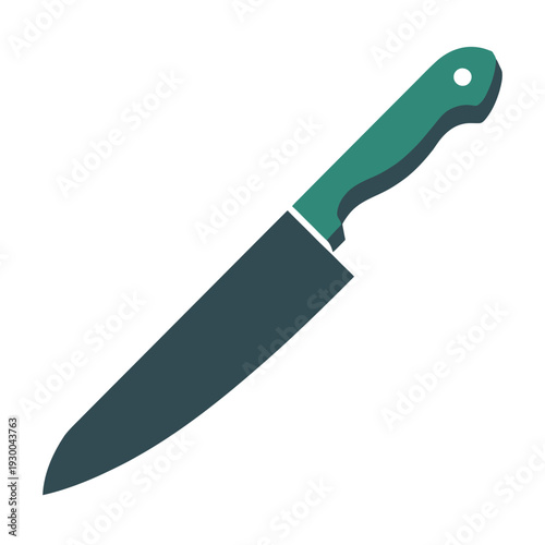 Chef's knife with a teal handle is shown isolated against a plain white background.
