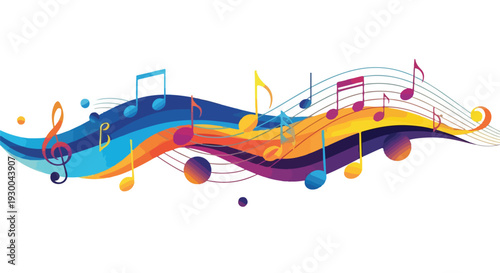 Colorful musical notes floating on wavy lines of various colors