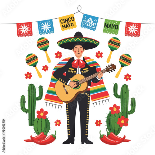 Colorful illustration of a mariachi playing guitar with festive decorations