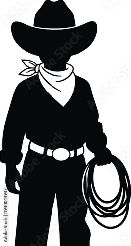 Silhouette cowboy with rope cowboy hat bandana western man holding coiled rope