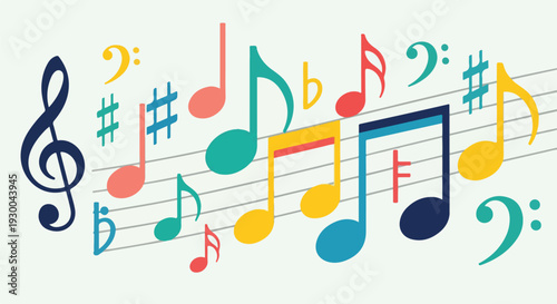 Colorful musical notes and symbols arranged on a light gray musical staff
