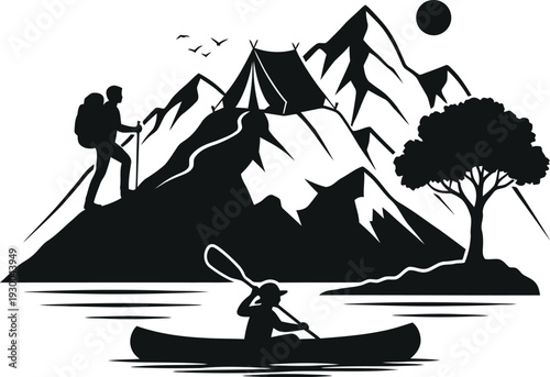 Mountain landscape with hiker and canoeist silhouette mountains lake and tent