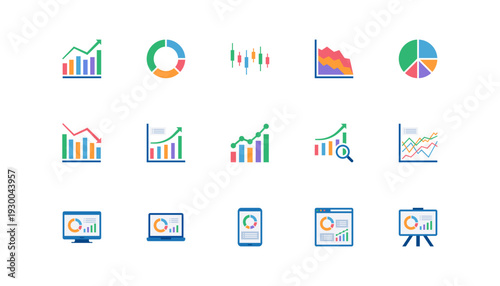 Flat graph and chart illustration in simple modern style with clean design. Business analytics concept perfect for finance reports, data presentation, marketing materials, dashboards, and management