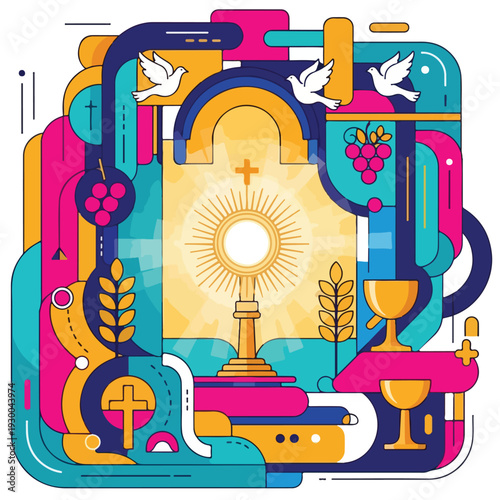 Colorful vector illustration depicts symbols of Christian faith