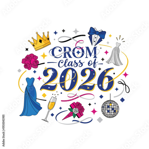 Colorful illustrated design features prom elements, including dresses and disco ball