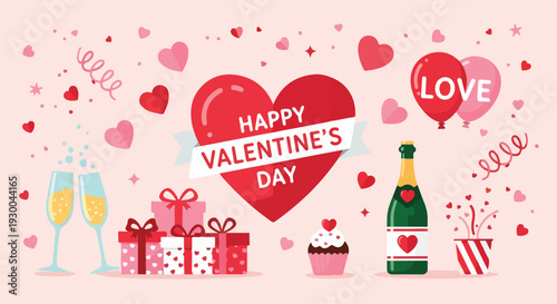 Festive, celebratory illustration, with hearts, champagne, and gifts for special occasions