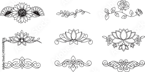 Floral and Swirl Decorative Elements Collection with Sunflowers Lotus and Roses Isolated on white background