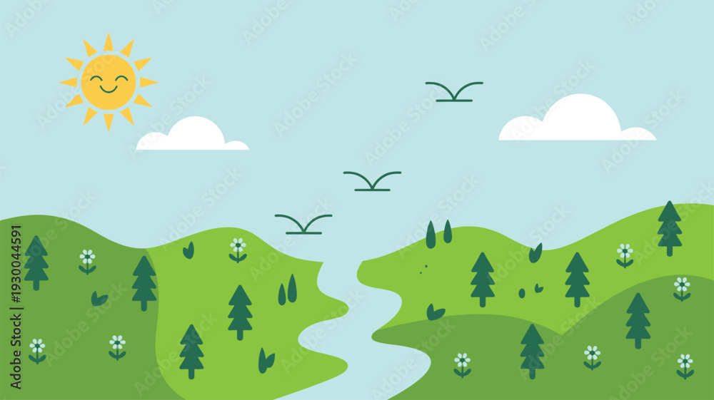 Obraz premium Cartoon nature landscape, River hills trees