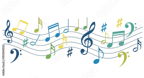 Colorful musical notes and symbols arranged on staff lines (1)