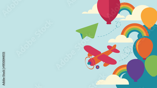 Biplane, balloons, paper airplane, copy space