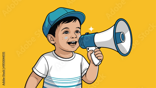 Boy megaphone announcement, Child speaking out