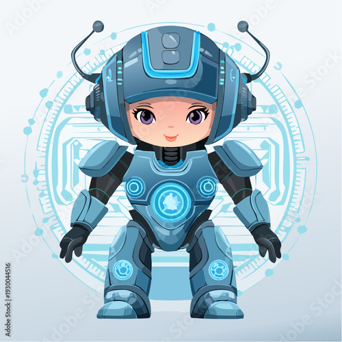 Young cartoon robot character in futuristic blue armor with technological elements.