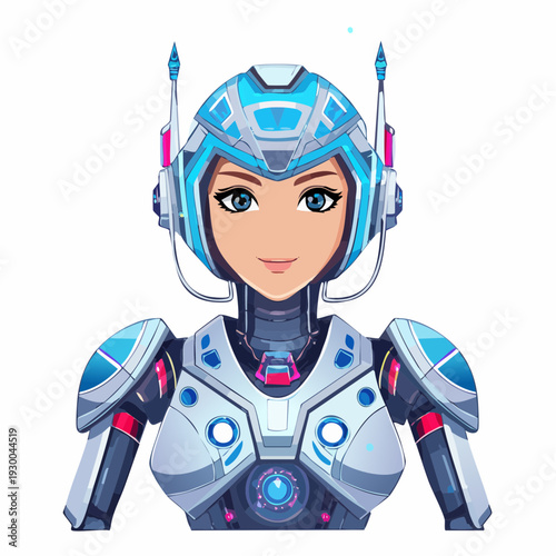 Futuristic Female Robot Character in Advanced Powered Exosuit.