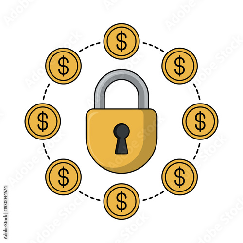 Padlock securing circular arrangement of gold coins represents financial security and asset.