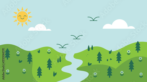 Cartoon nature landscape, River hills trees