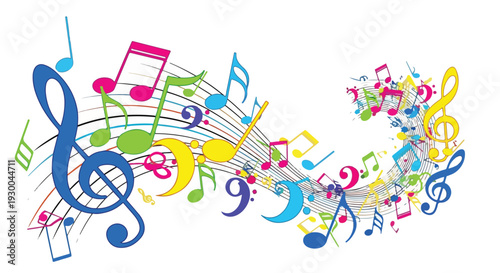 Colorful musical notes flowing in a spiral pattern, white background