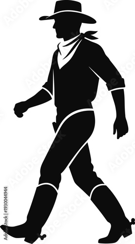 Side view silhouette of a walking cowboy in a hat and boots with spurs, western character