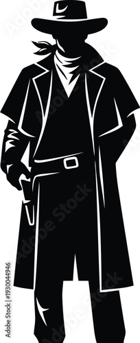 Front view silhouette of a cowboy in a hat and long coat with a revolver, western outlaw character