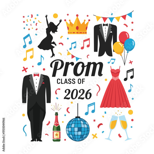 Colorful illustrated graphics for a prom night event with various related items