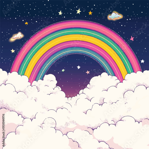 Vibrant rainbow over clouds with a retro aesthetic