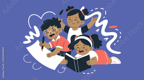 Children studying, reading, writing, illustration