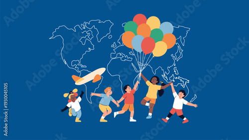 Diverse children, globe, world, balloons, airplane, flat vector