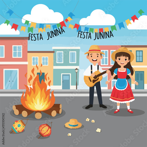 Festive street scene with bonfire, musicians, and traditional attire, celebrating a cultural event