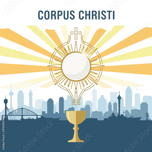Graphic with text, a monstrance, chalice, city silhouette, and sunburst
