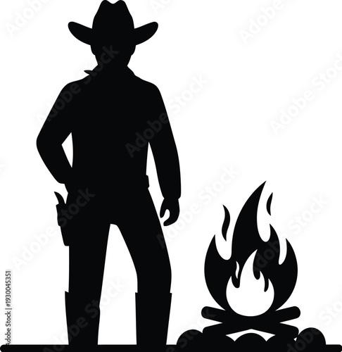 Silhouette of cowboy with gun near campfire on transparent background