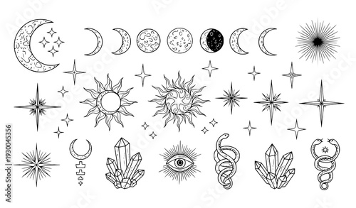 Oriental Moon Phases and Magic Symbols Line Art Vector Set