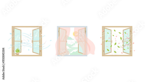 Three open windows with different views. Spring Vector Packs. EPS Editable