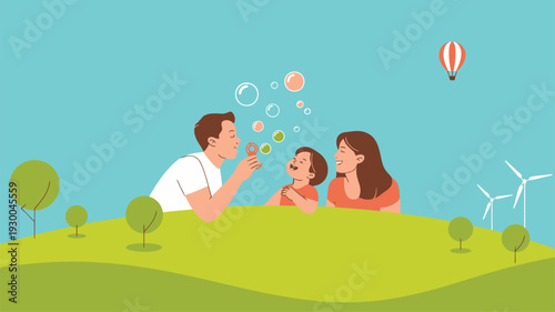 Family blowing bubbles park joyful parents child