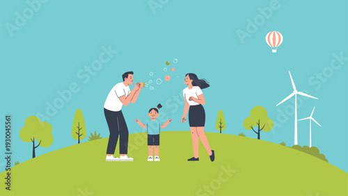 Family playing bubbles, park, wind turbines