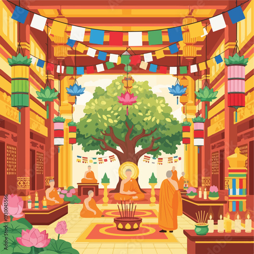 Colorful illustration of a religious temple interior with figures