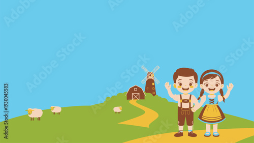 German children, Oktoberfest, traditional costume, rural illustration