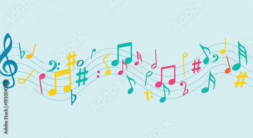 Colorful musical notes and symbols float on a light blue background