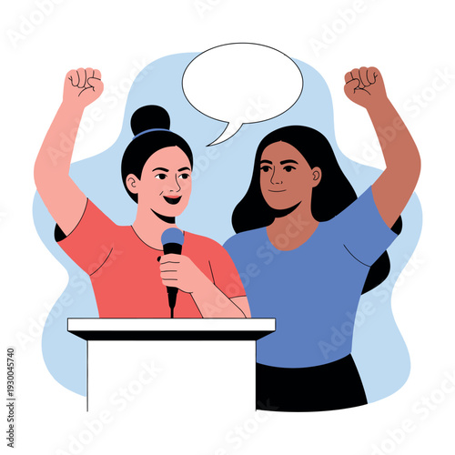 Two diverse women stand at a podium with raised fists advocating for change and equality.