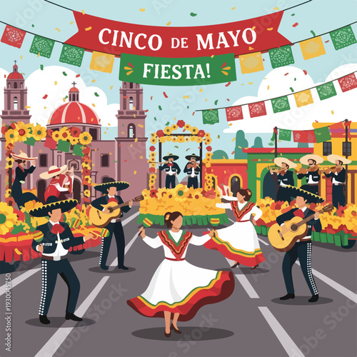 Festive street scene with mariachi band and dancers celebrating an event