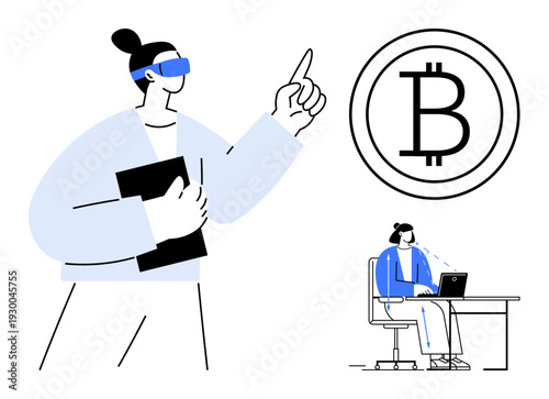 Cryptocurrency concept. Cryptocurrency symbols thumbs up Bitcoin in innovative digital workspaces blockchain and financial technologies. Cryptocurrency in fintech, e-commerce, investments, tech