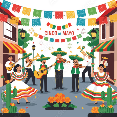 Festive street scene with mariachi band and dancers, celebrating a holiday