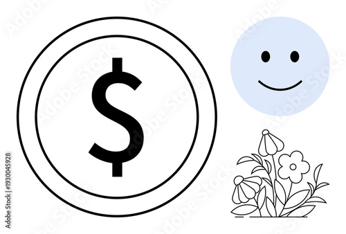 Finance, positivity, sustainability, nature, wellness, emotional expression. Dollar sign in a circle, happy face on blue and flowers below. Finance and positivity as conceptual