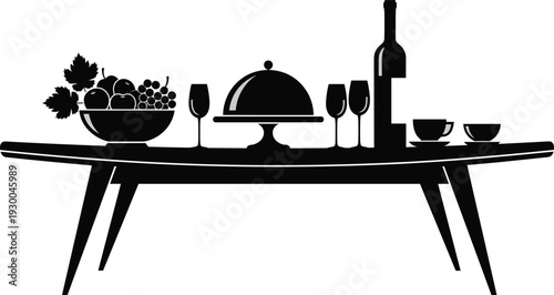 Black silhouette of a dinner table with food cloche, fruit bowl, wine bottle, glasses, and coffee cups on white background.