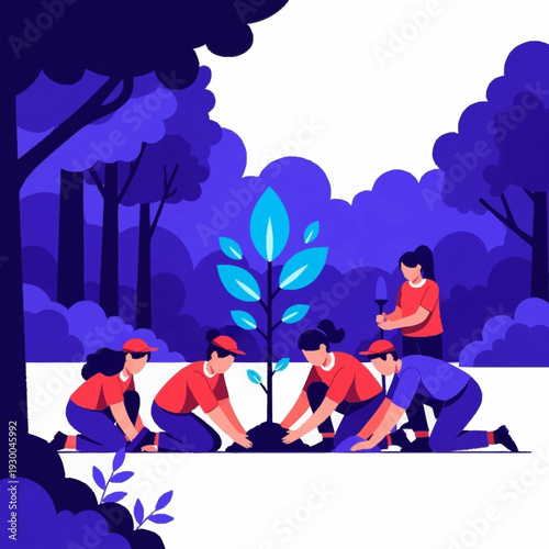 Group of people planting a tree together, symbolizing environmental conservation and teamwork.