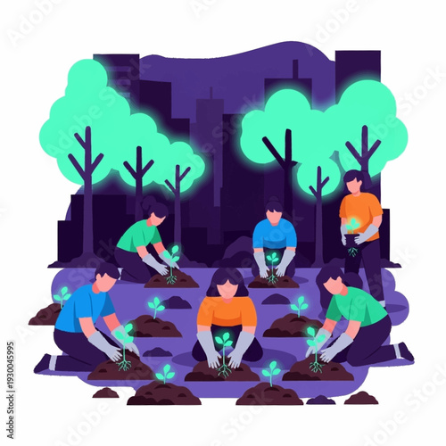 Group of people planting trees and caring for nature.