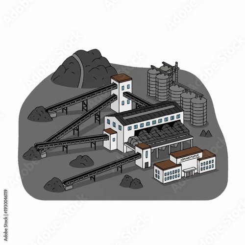 Industrial coal mine with conveyor belts and processing buildings.