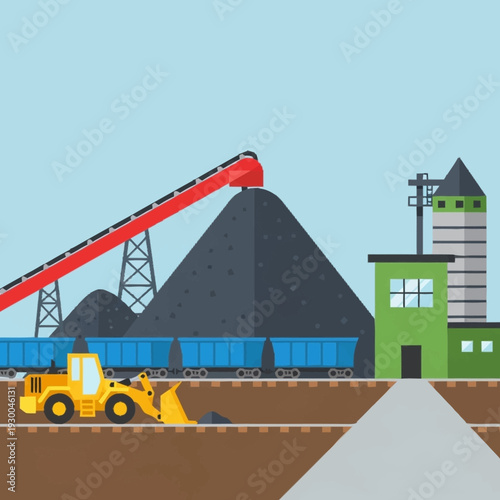 Industrial coal mining operation with heavy machinery and train cars.
